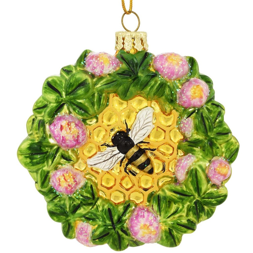 NIB Bronner’s Bee Honeycomb with Clover Glass Ornament